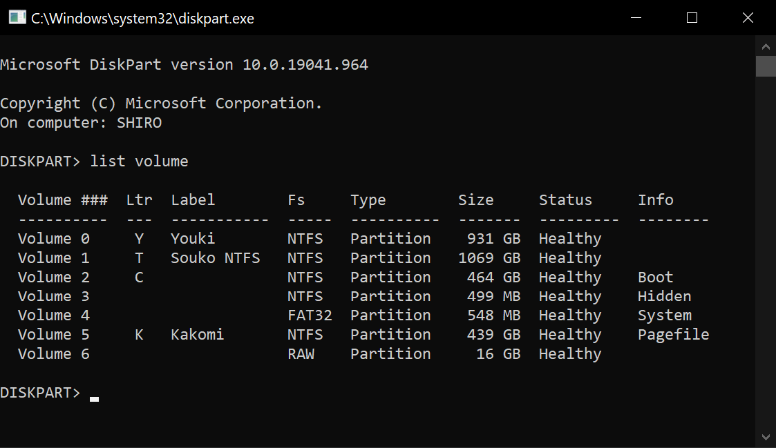 Screenshot showing the output of list volume from diskpart